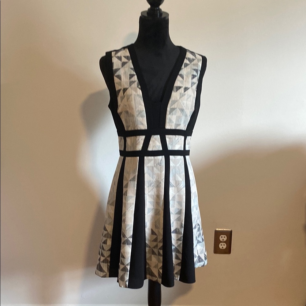 BCBGMaxAzria Black and Cream Geometric Mini Dress